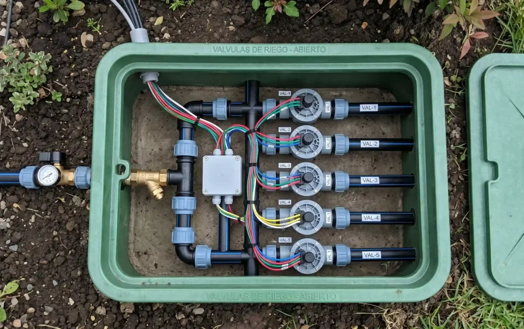 Cuadro de electroválvulas de riego automatizado con colector de polietileno y cableado estanco para gestión eficiente del agua en fincas.