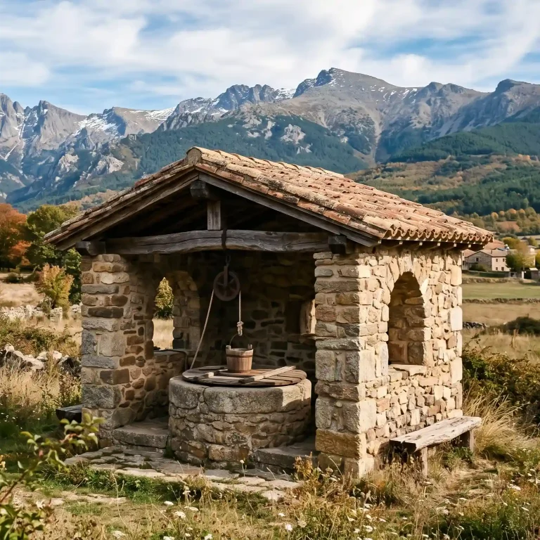 Caseta de pozo tradicional construida en piedra con tejado de teja árabe, situada en un campo con montañas al fondo.