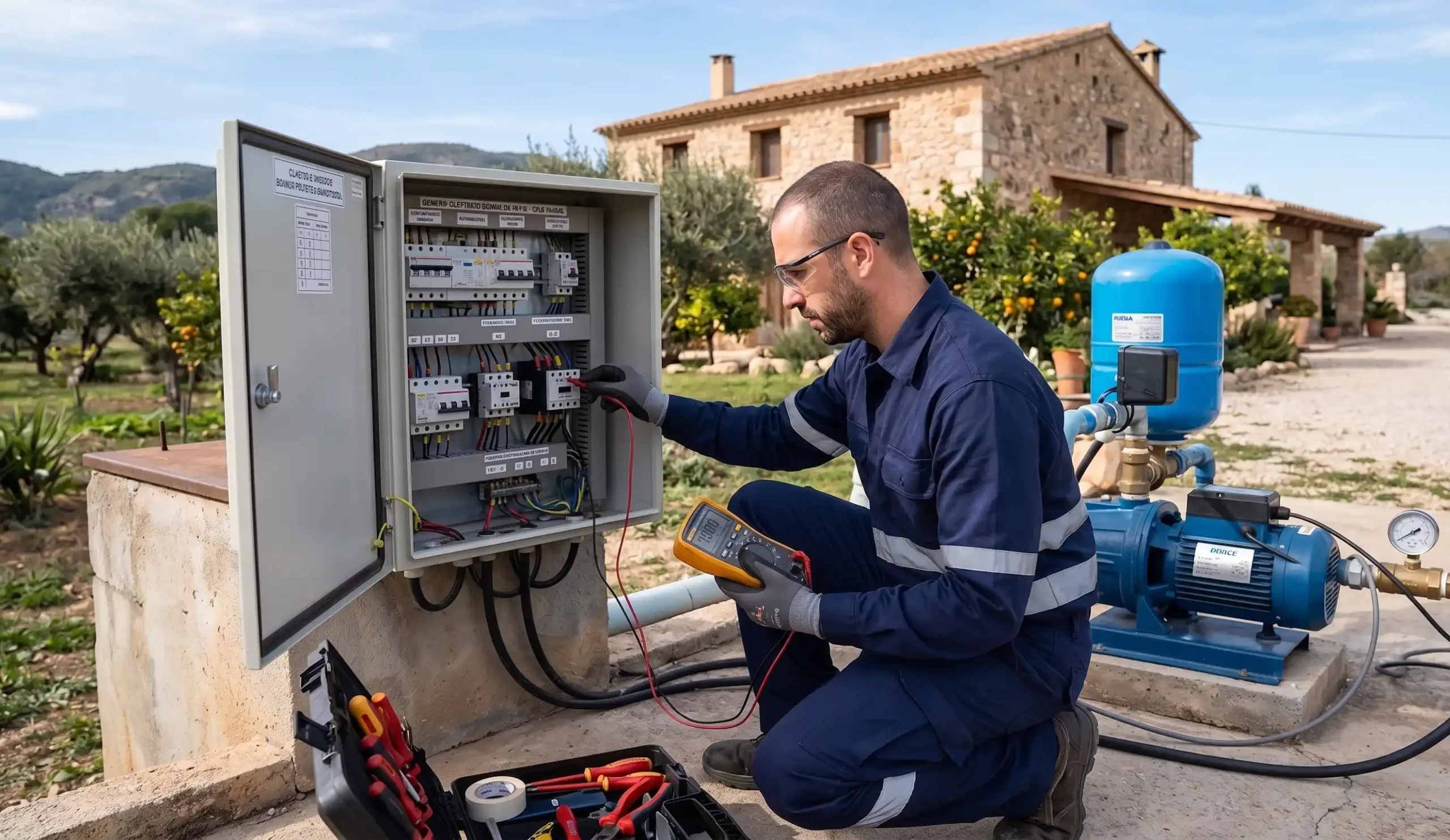Técnico revisando un cuadro eléctrico de una bomba de pozo en Bustarviejo.