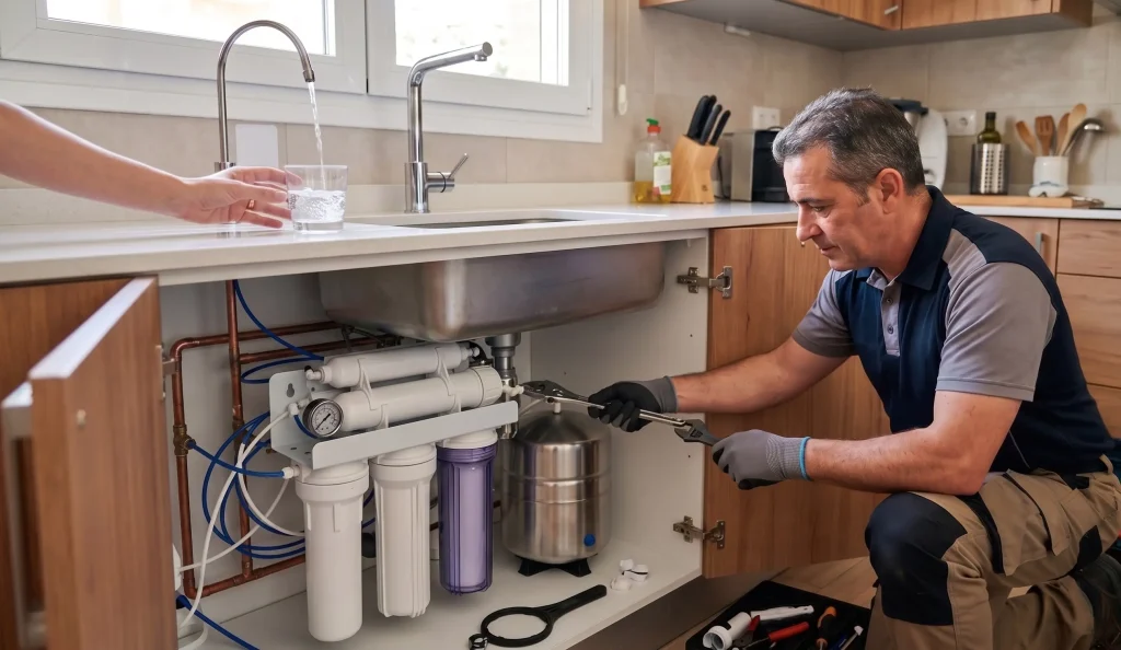 Grifo con agua filtrada y sistema de tratamiento instalado por expertos en fontanería.