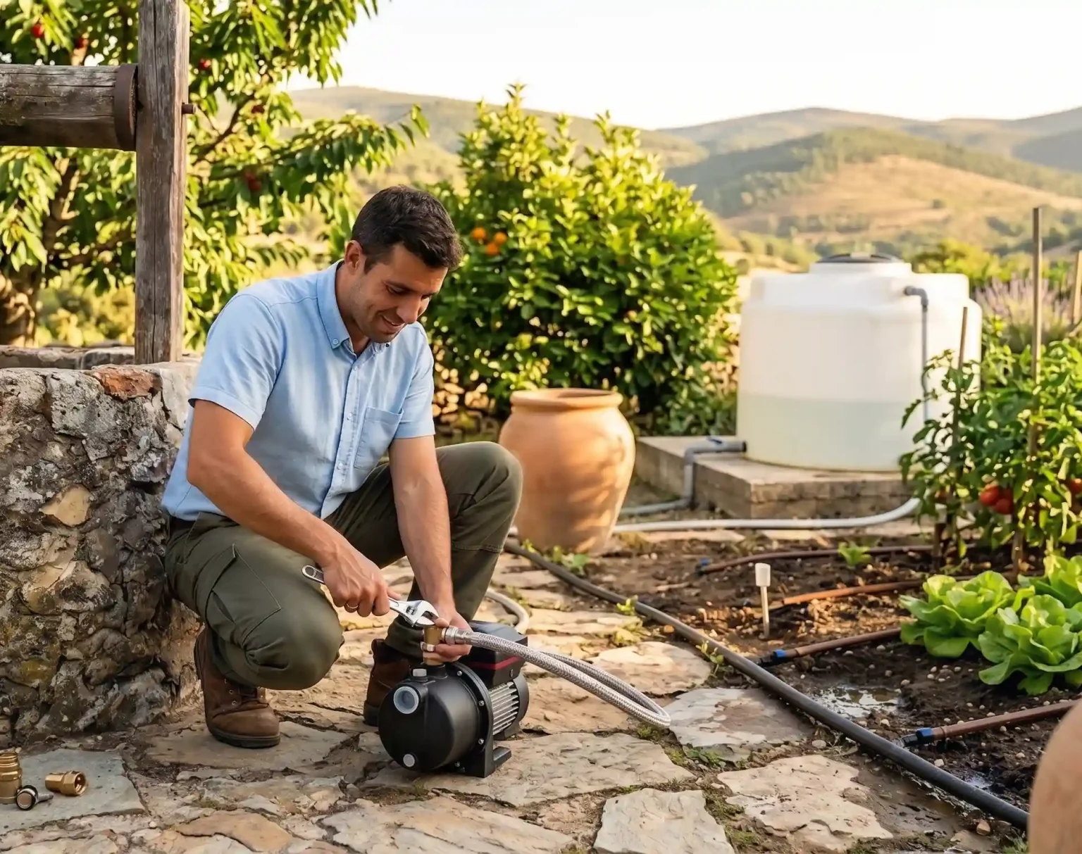 Técnico instalando una bomba de agua eléctrica junto a un pozo de piedra tradicional en un huerto sostenible.