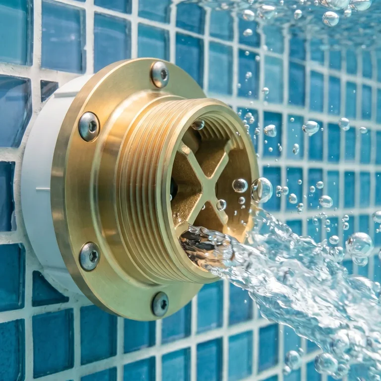 Detalle de boquilla de impulsión de piscina funcionando, optimizada para un llenado inteligente desde pozo evitando el trabajo en seco.