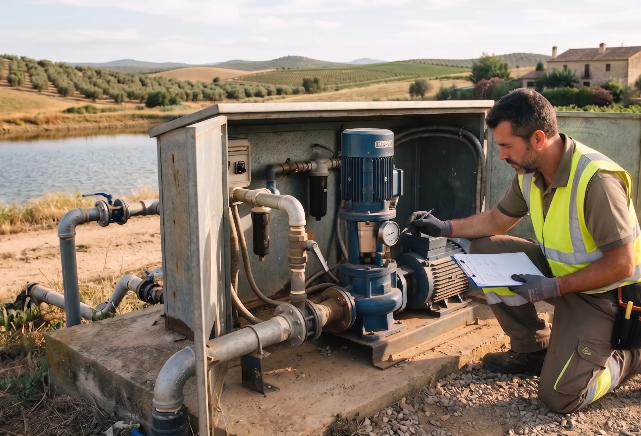 Un profesional inspeccionando un sistema de bombeo en una finca rústica.