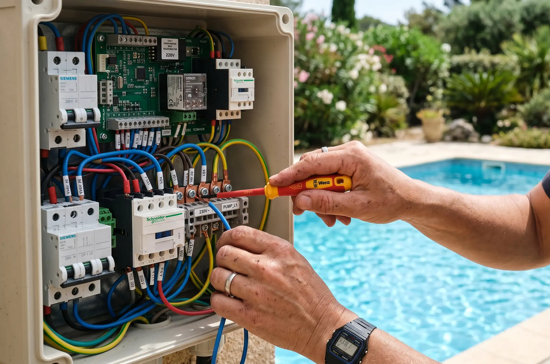 Primer plano de las manos de un técnico utilizando un destornillador para ajustar los cables de un cuadro eléctrico de piscina, con una piscina de agua cristalina y jardín desenfocados al fondo.