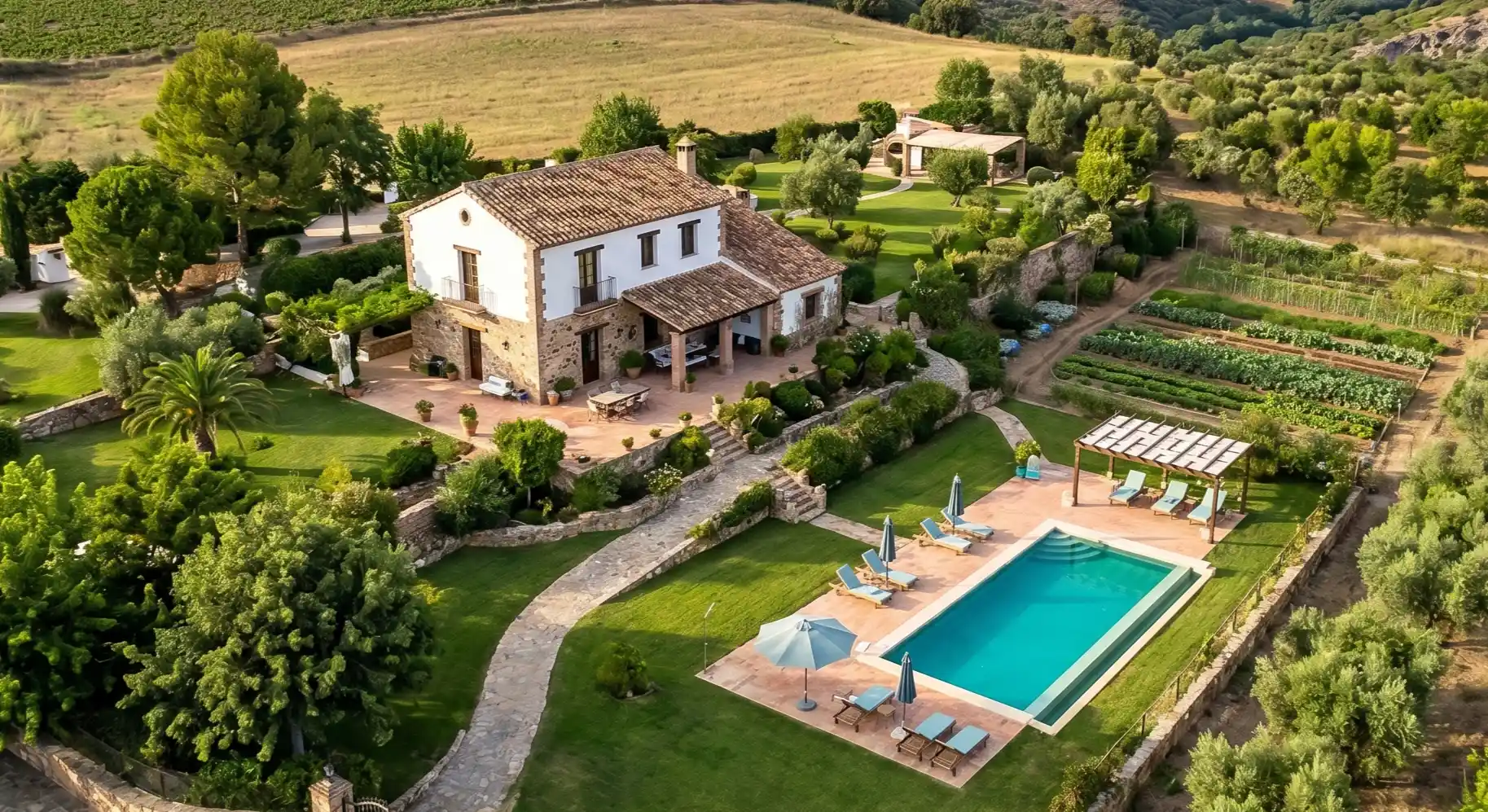 Vista aérea de una propiedad en la Sierra de Madrid que integra sistemas de pozo, piscina y riego coordinados mediante electromecánica.