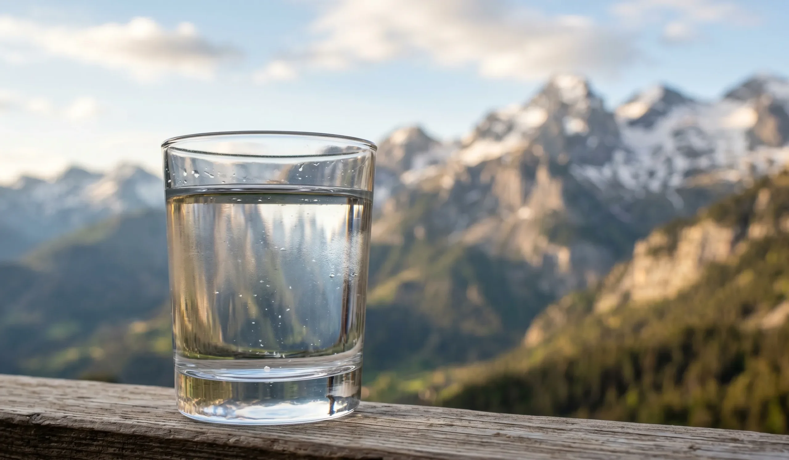 Vaso de agua cristalina con las montañas de la Sierra de Madrid al fondo, representando el agua blanda y ácida de la zona.