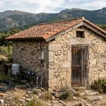 Caseta exterior de piedra que protege el sistema de bombeo y depósito de agua en una finca de la Sierra de Madrid.