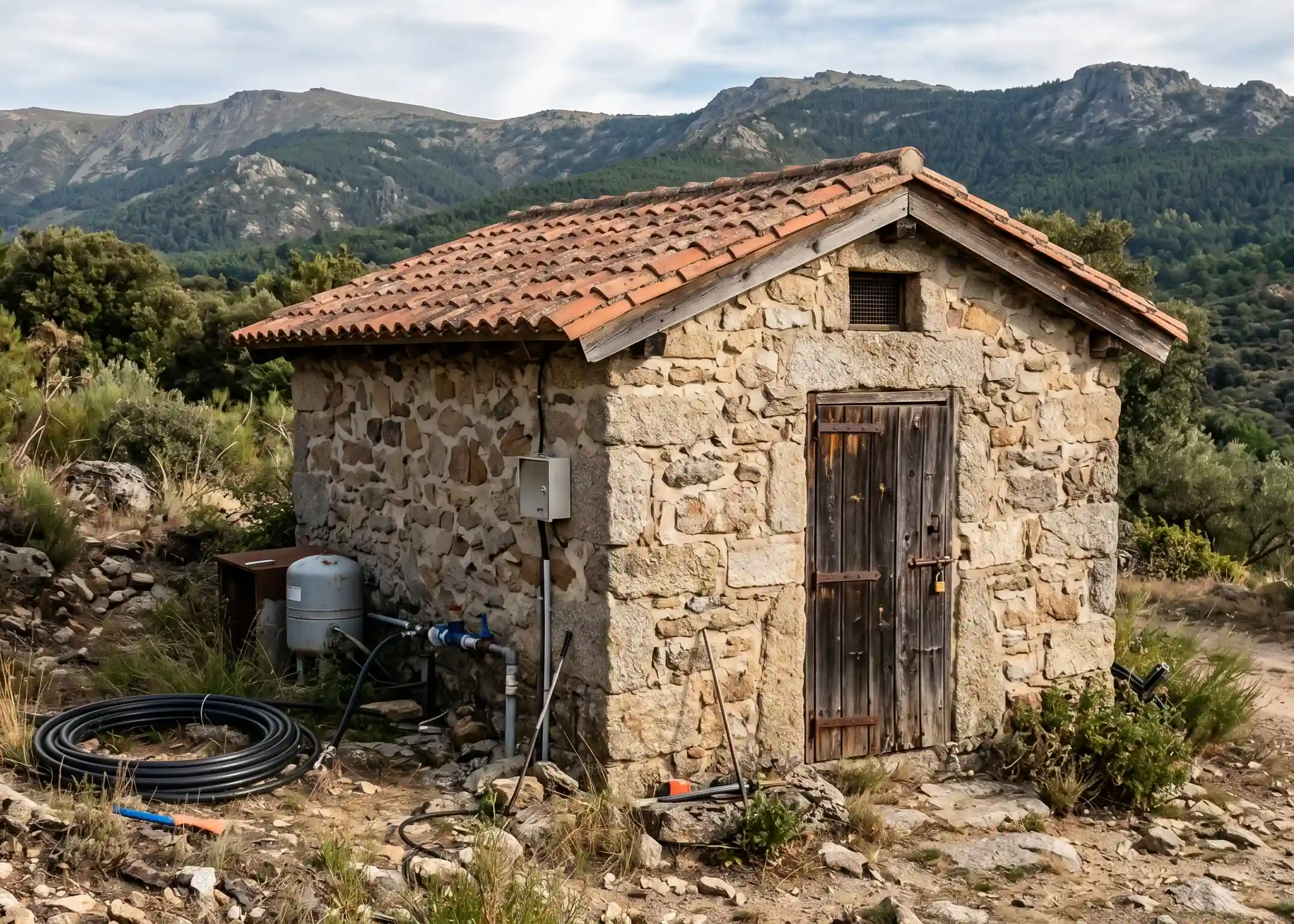 Caseta exterior de piedra que protege el sistema de bombeo y depósito de agua en una finca de la Sierra de Madrid.