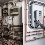 Comparativa de una instalación eléctrica desordenada frente a un sistema de bombeo profesional con variador de frecuencia optimizado por Tu Casa y Jardín.