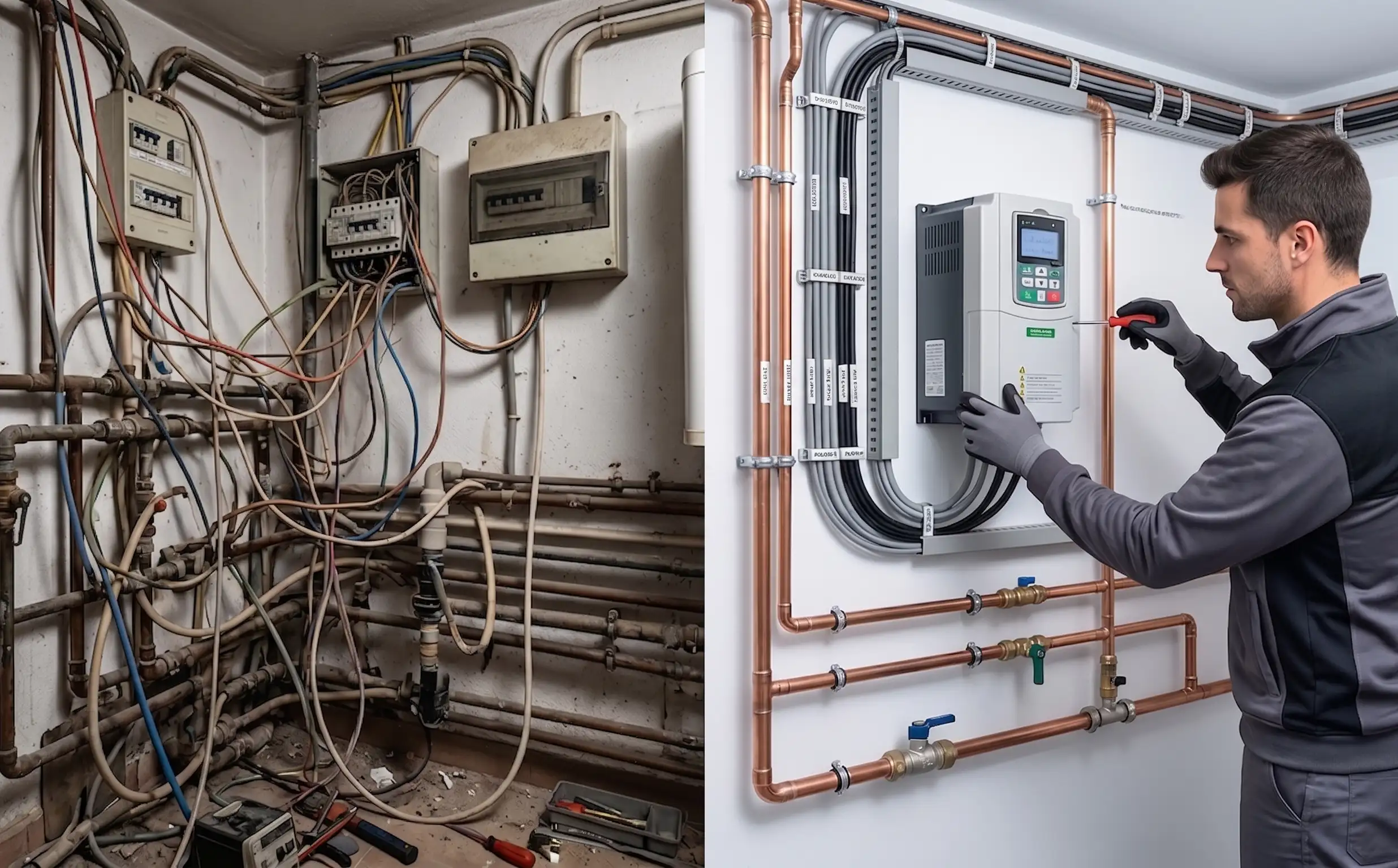 Comparativa de una instalación eléctrica desordenada frente a un sistema de bombeo profesional con variador de frecuencia optimizado por Tu Casa y Jardín.