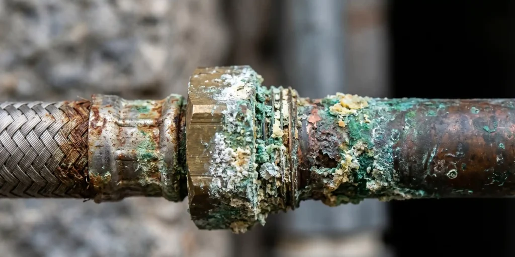 Primer plano de una unión de fontanería con corrosión extrema y depósitos de óxido causados por el agua ácida de la sierra.