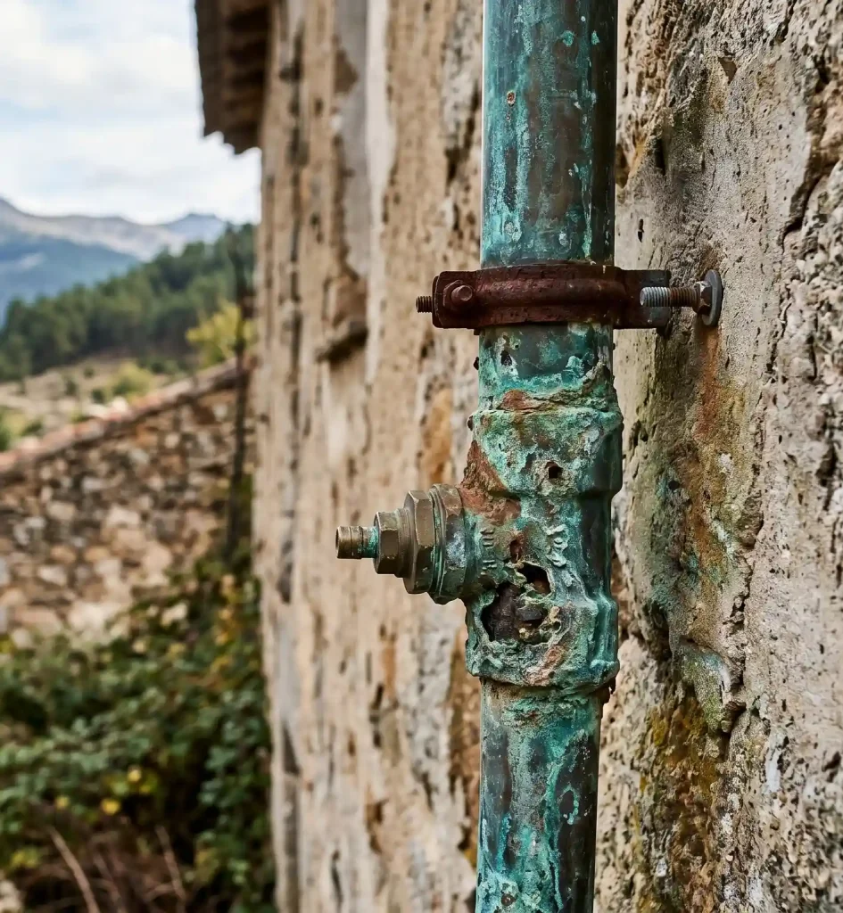 Tubería de cobre con corrosión por agua blanda en Bustarviejo.
