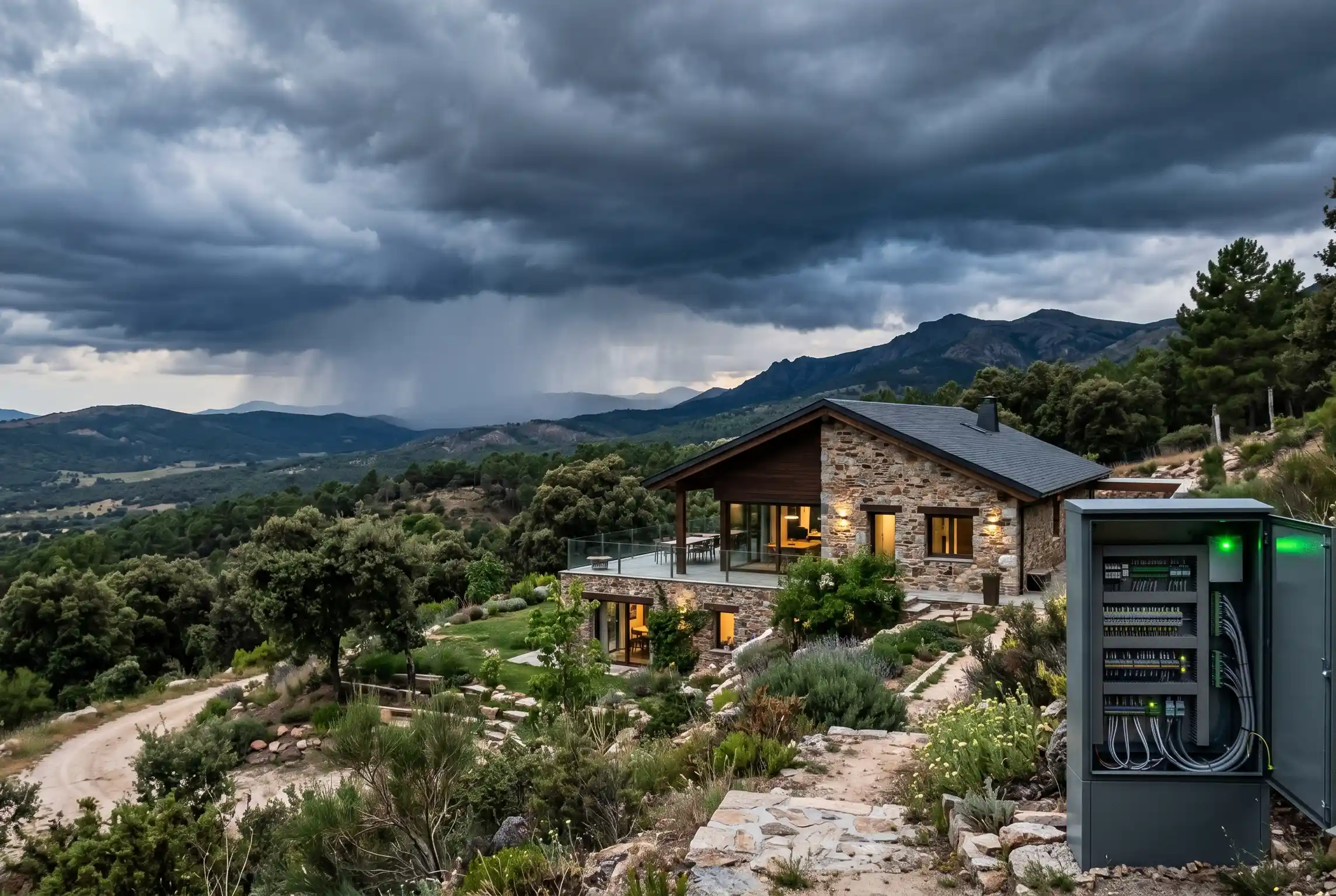 Cuadro de control autogestionado en una vivienda de la Sierra Norte protegido contra tormentas eléctricas y caídas de tensión.