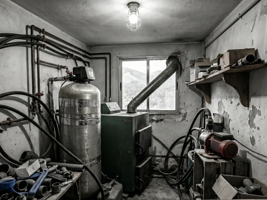 Cuarto técnico antiguo con tuberías desorganizadas, falta de etiquetado y herramientas amontonadas en un sótano con iluminación precaria.