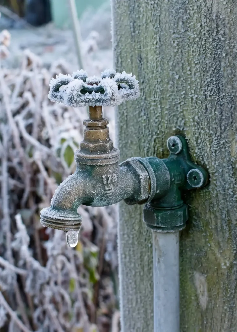 Detalle de un grifo exterior metálico cubierto de escarcha y hielo, representando el estrés mecánico por dilatación diferencial en instalaciones de fontanería.