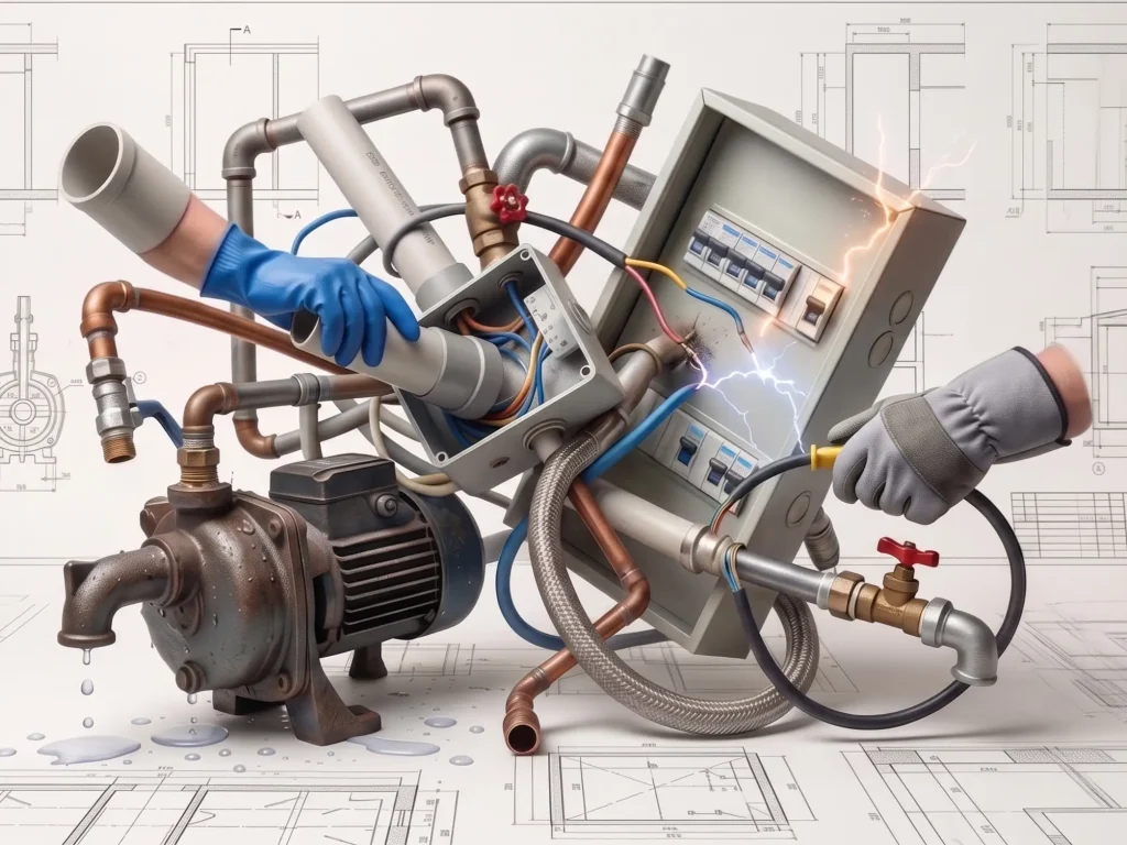 Composición técnica que muestra una bomba de agua, tuberías, un cuadro eléctrico con chispas y manos de operarios trabajando sobre planos de ingeniería.