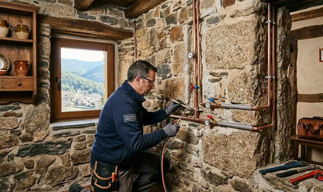 Instalación de tuberías modernas integradas en muro de piedra tradicional en la Sierra de Madrid.