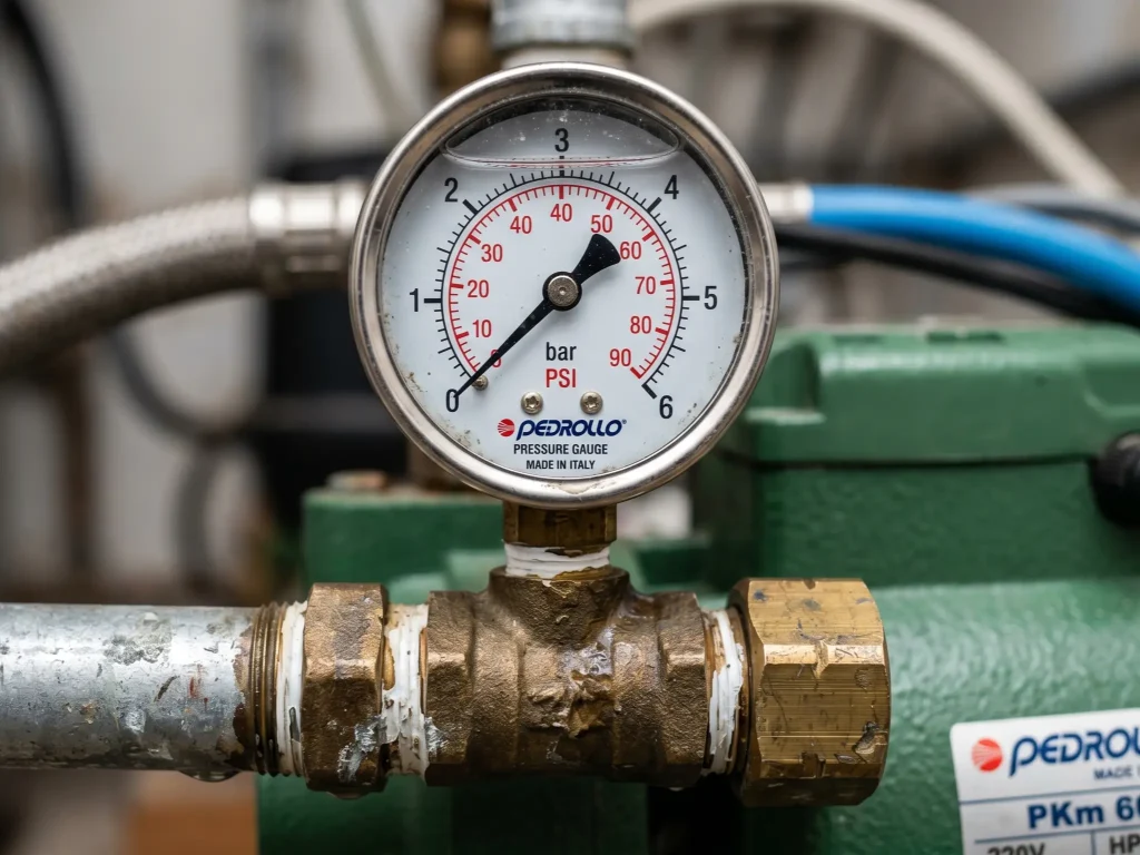 Revisión técnica de presión y manómetro en un sistema de bombeo de agua para vivienda.