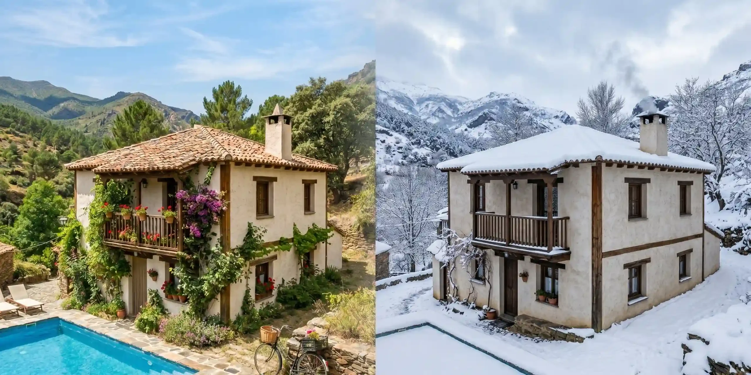 Comparativa de una casa de piedra en la Sierra de Madrid durante el verano con piscina y en invierno con nieve, ilustrando la transición técnica estacional.