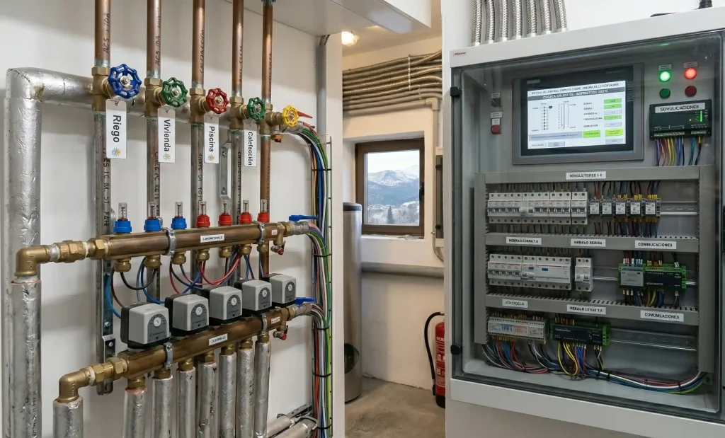 Instalación electromecánica moderna con colectores de cobre, llaves de paso etiquetadas para riego, vivienda y piscina, y cuadro de control digital centralizado.