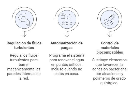 Infografía sobre higiene técnica: regulación de flujos, automatización de purgas y uso de materiales biocompatibles para evitar bacterias.