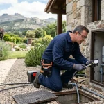 Técnico especialista revisando ruidos y presión en un grupo de bombeo de agua en una casa de la Sierra Norte de Madrid.