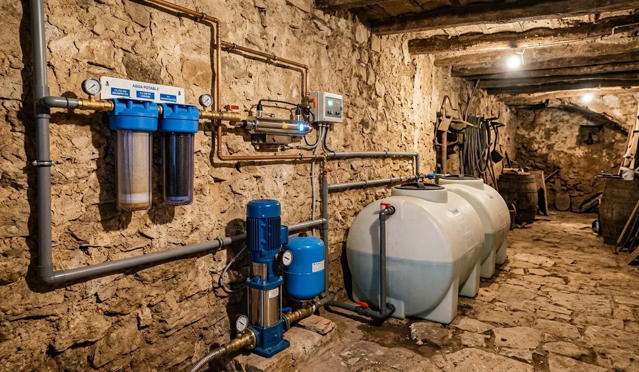Equipo de filtración y depósitos de agua instalados en bodega de casa rústica.