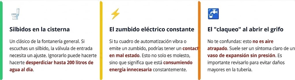 Infografía sobre ruidos de averías: silbidos en cisterna, zumbido en cuadro eléctrico y claqueteo en grifos por falta de presión