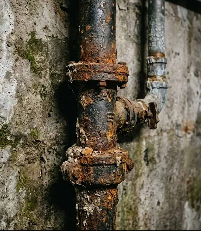 Detalle de una instalación de fontanería obsoleta en una casa tradicional de piedra, ilustrando los riesgos de filtraciones y deterioro en viviendas antiguas.
