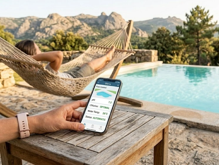 ersona relajada en una hamaca consultando en su móvil los niveles de cloro y temperatura de su piscina automatizada en Miraflores de la Sierra.