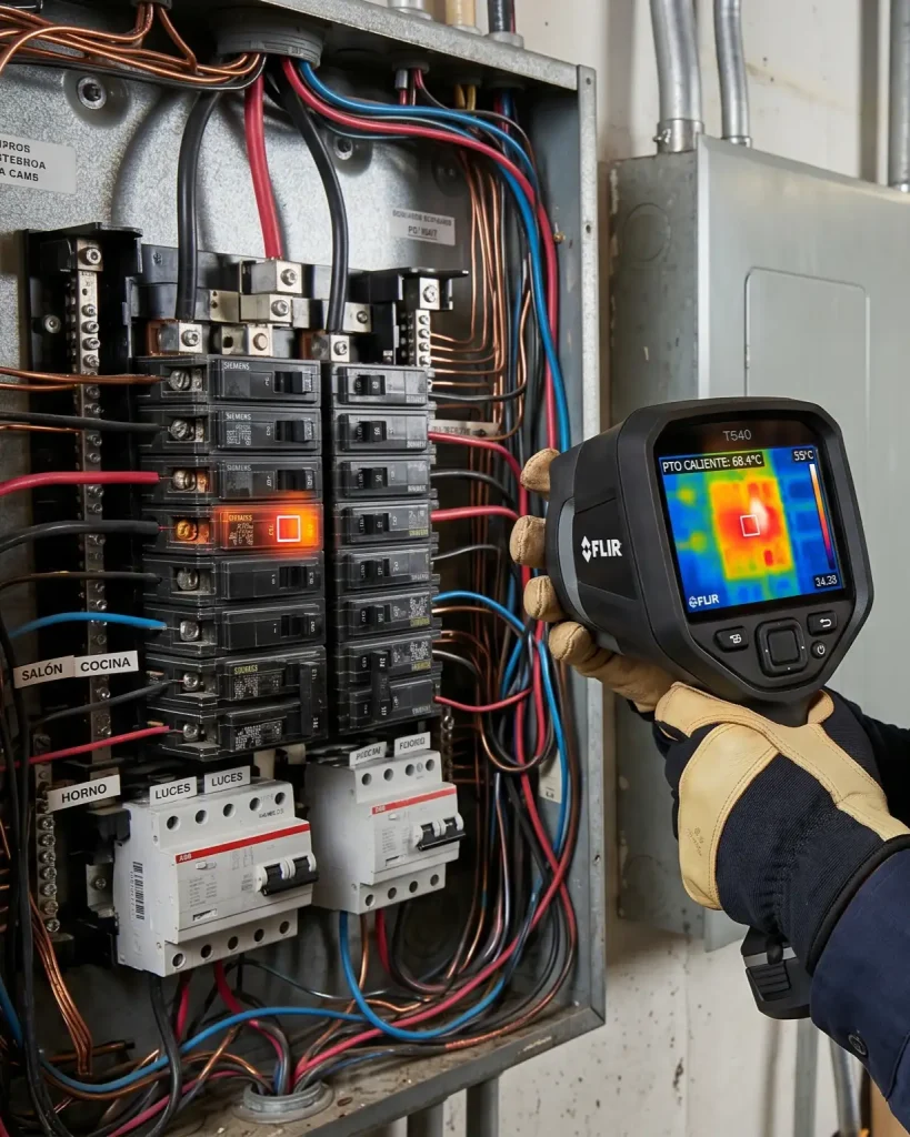 Inspección técnica preventiva con cámara térmica en cuadro eléctrico.