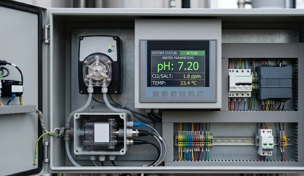 Detalle de un cuadro eléctrico avanzado para piscina con pantalla digital que muestra niveles de pH 7.2 y control de electrólisis salina.