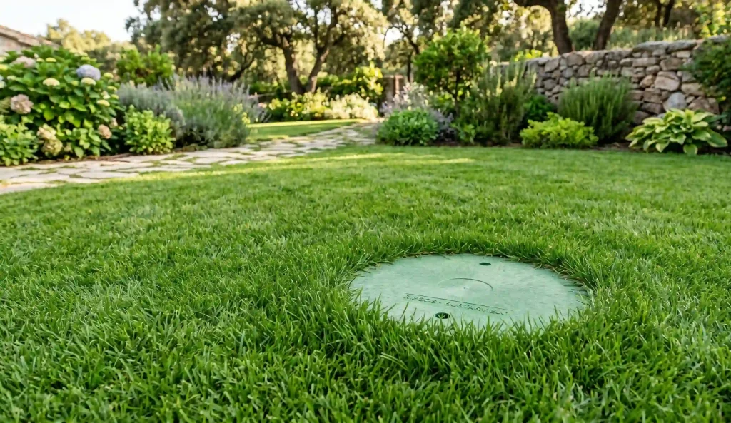 Sistema de riego oculto y arquetas mimetizadas en jardín.