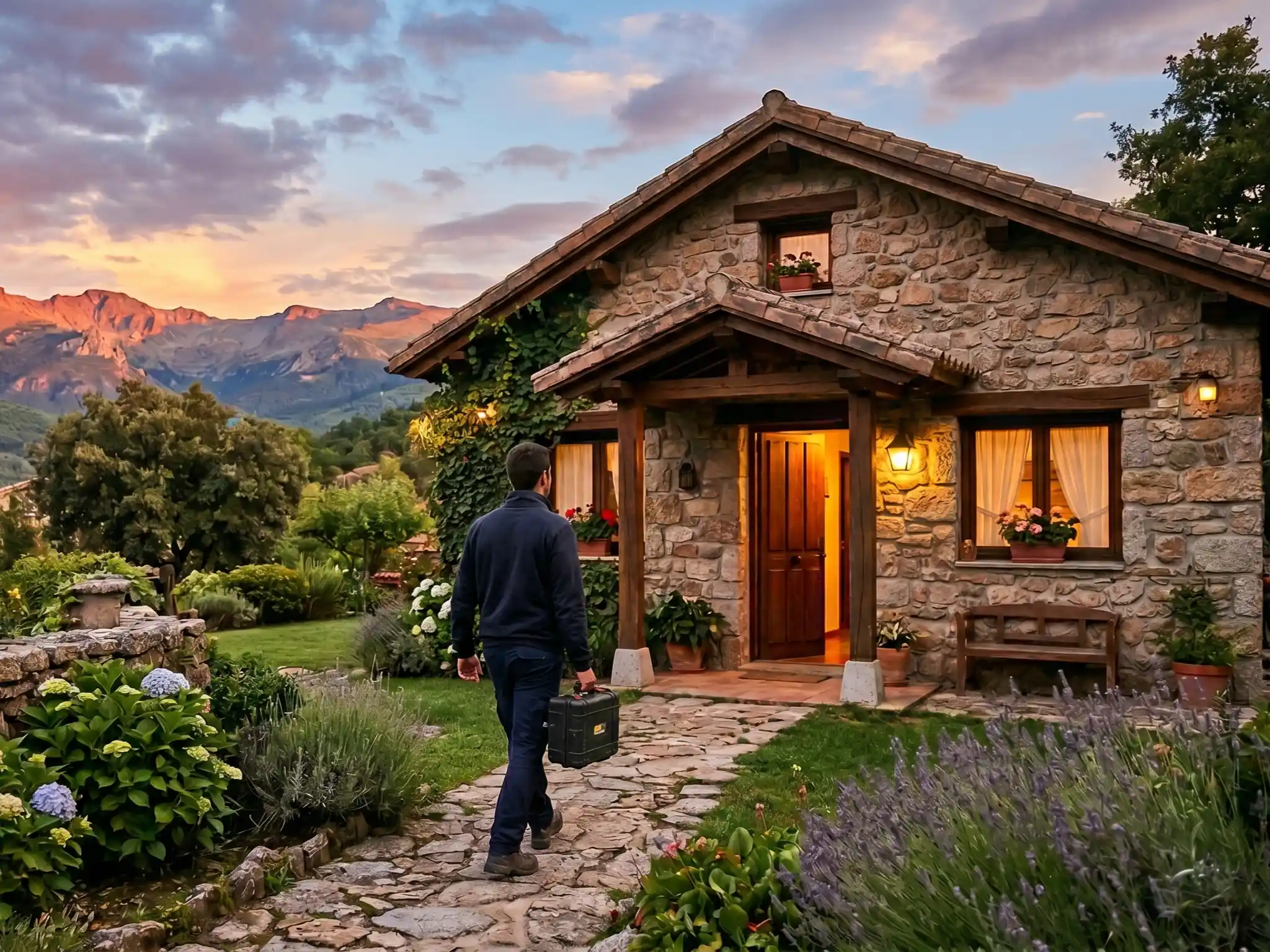 écnico profesional realizando revisión preventiva en una casa de piedra en la Sierra de Madrid al atardecer, garantizando el funcionamiento de sistemas eléctricos y fontanería.