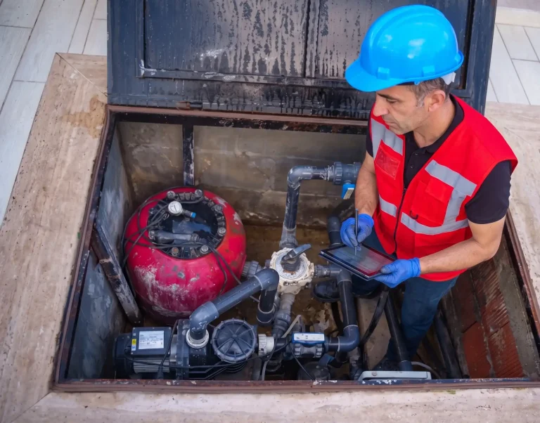 Técnico especializado realizando una inspección y registro digital del sistema de filtrado de una piscina.