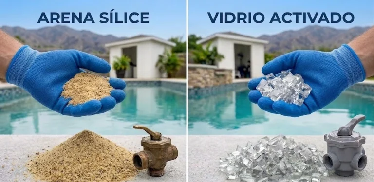 Comparativa entre arena de sílice vieja y vidrio activo para filtros de piscina.