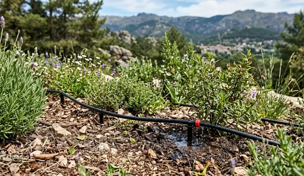 Detalle de sistema de goteo eficiente instalado en zona de flora autóctona de la Sierra Norte.
