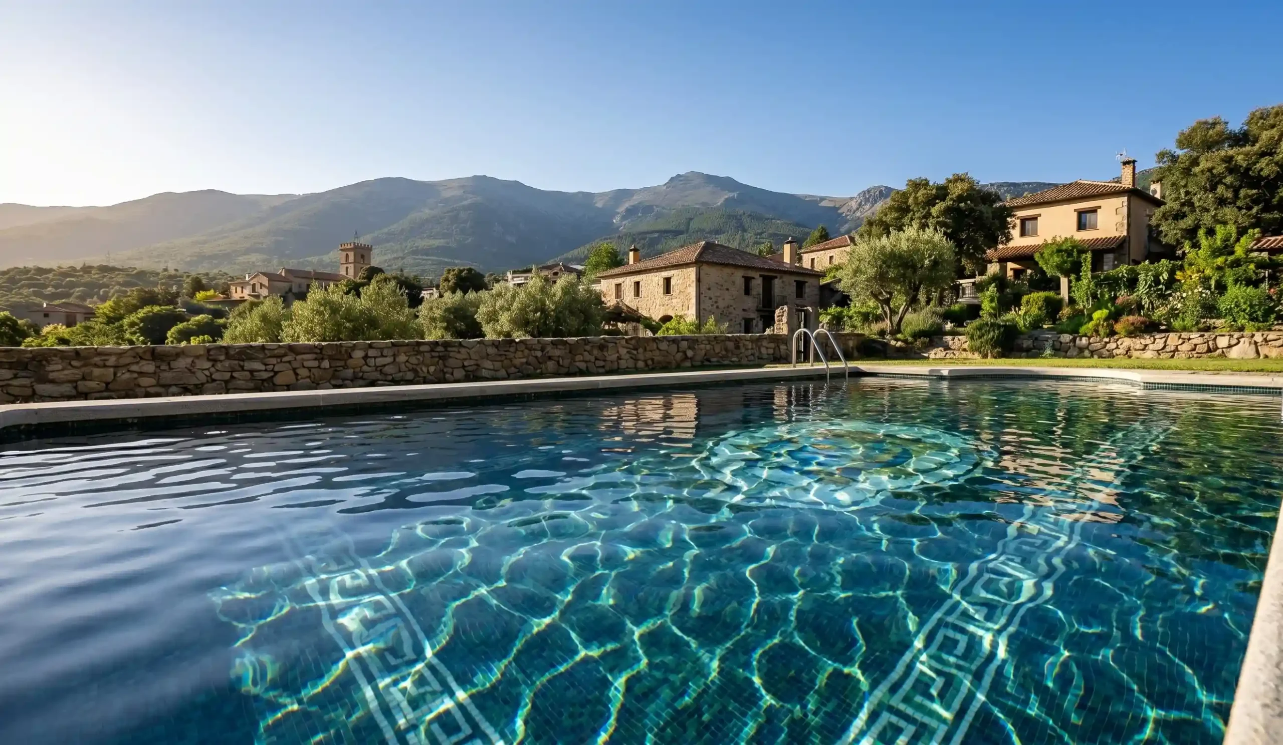 Piscina en Bustarviejo con agua transparente gracias a un sistema de microfiltración optimizado.