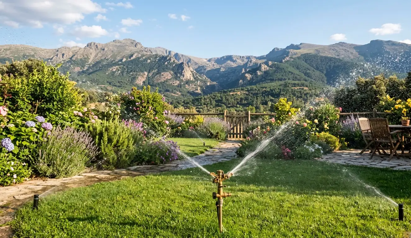 Sistema de riego por aspersión funcionando en un jardín de Bustarviejo con vistas a la montaña.