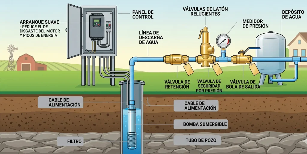 Esquema técnico de una instalación de pozo resiliente con bomba sumergible, arranque suave y válvulas de seguridad para protección contra picos de energía.