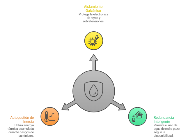 Gráfico que explica el aislamiento galvánico, la autogestión de inercia y la redundancia inteligente en instalaciones de agua y energía.