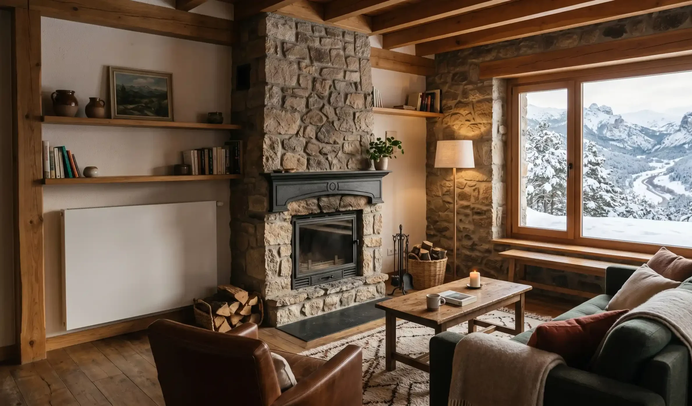 Salón rústico con radiador eficiente y chimenea integrada, reflejando el equilibrio hidráulico y la optimización de calor en una casa de montaña.