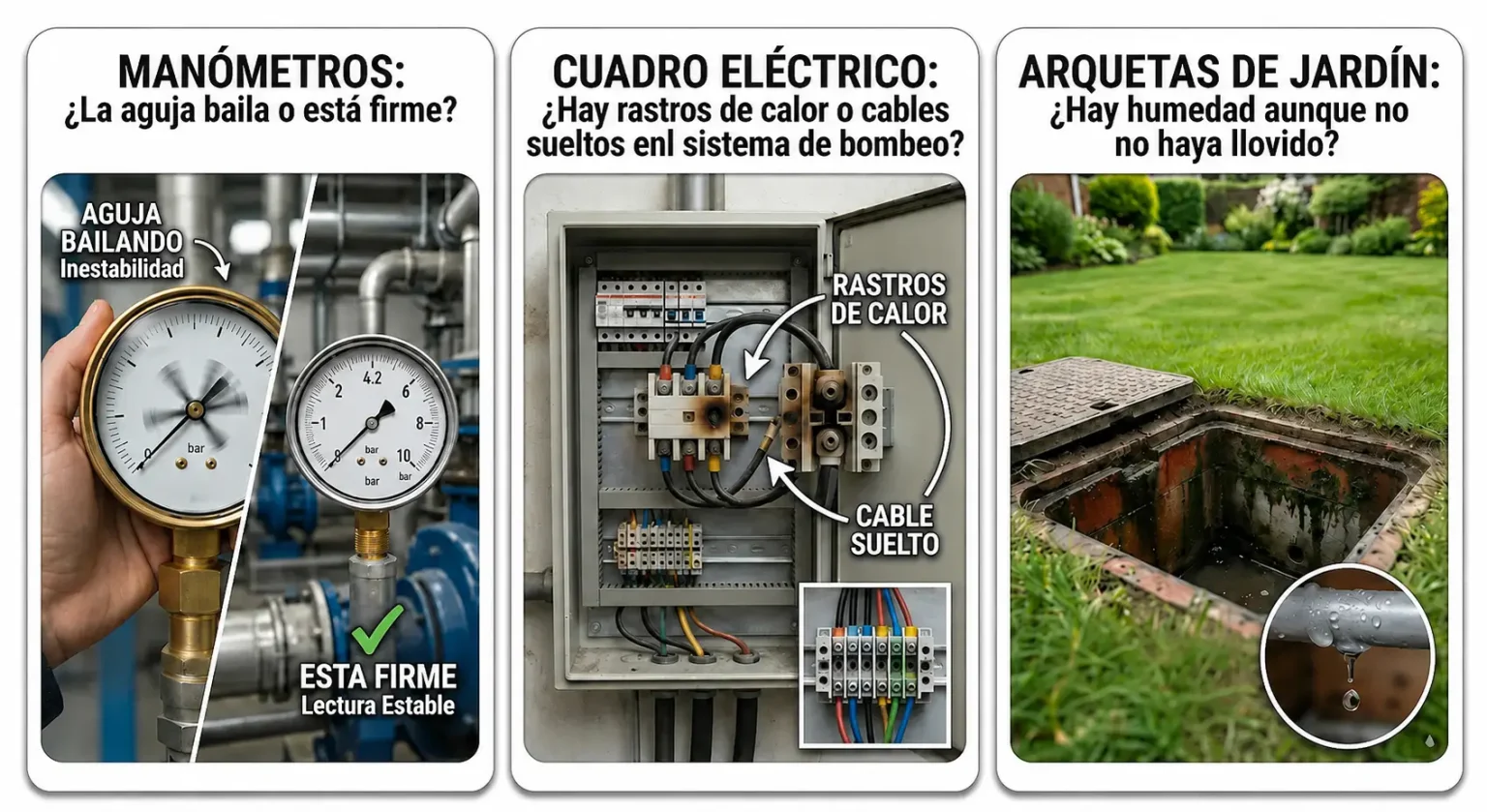 Guía visual de revisión técnica: comparación de manómetros estables frente a inestables, inspección de cables sueltos en cuadros eléctricos y detección de humedad en arquetas de jardín.