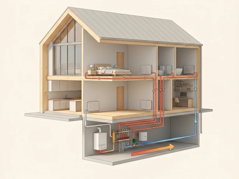 Esquema técnico de una instalación de calefacción optimizada en una vivienda de dos plantas, mostrando el flujo hidráulico desde la caldera hasta los radiadores.