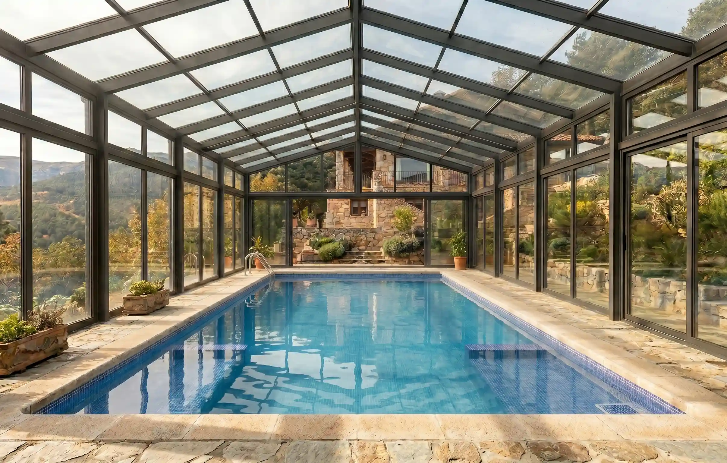 Piscina climatizada con cubierta de cristal en una casa de la Sierra de Madrid para mantener la temperatura del agua.